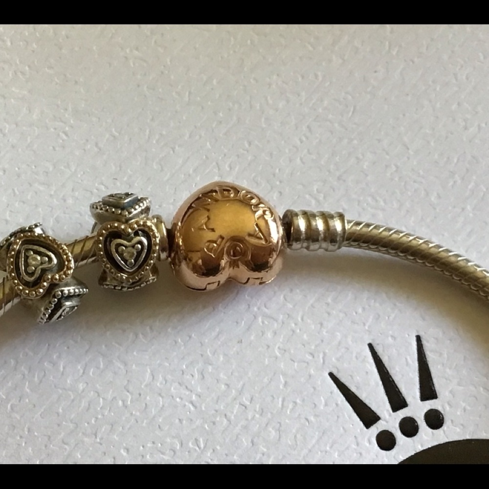 Two Pandora spacers, silver and 14k gold with clear stones